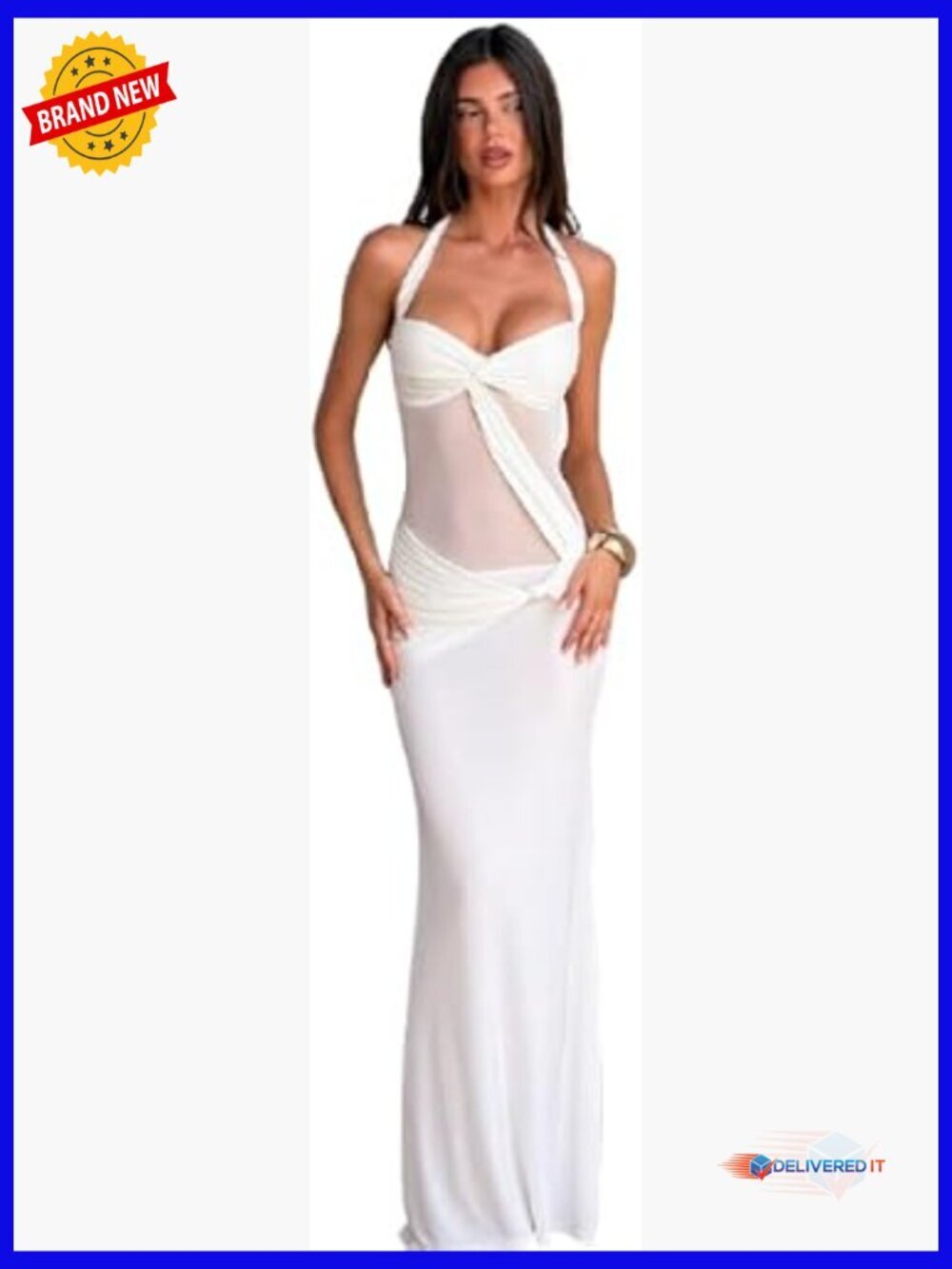 Halter Backless Maxi Dress with Sheer Cut-Outs, Formal Evening Wear